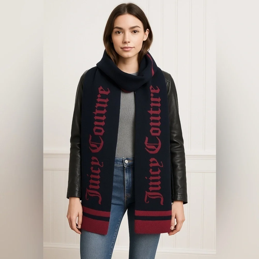 Juicy Couture Black & Burgundy Logo Knit Scarf NWT
